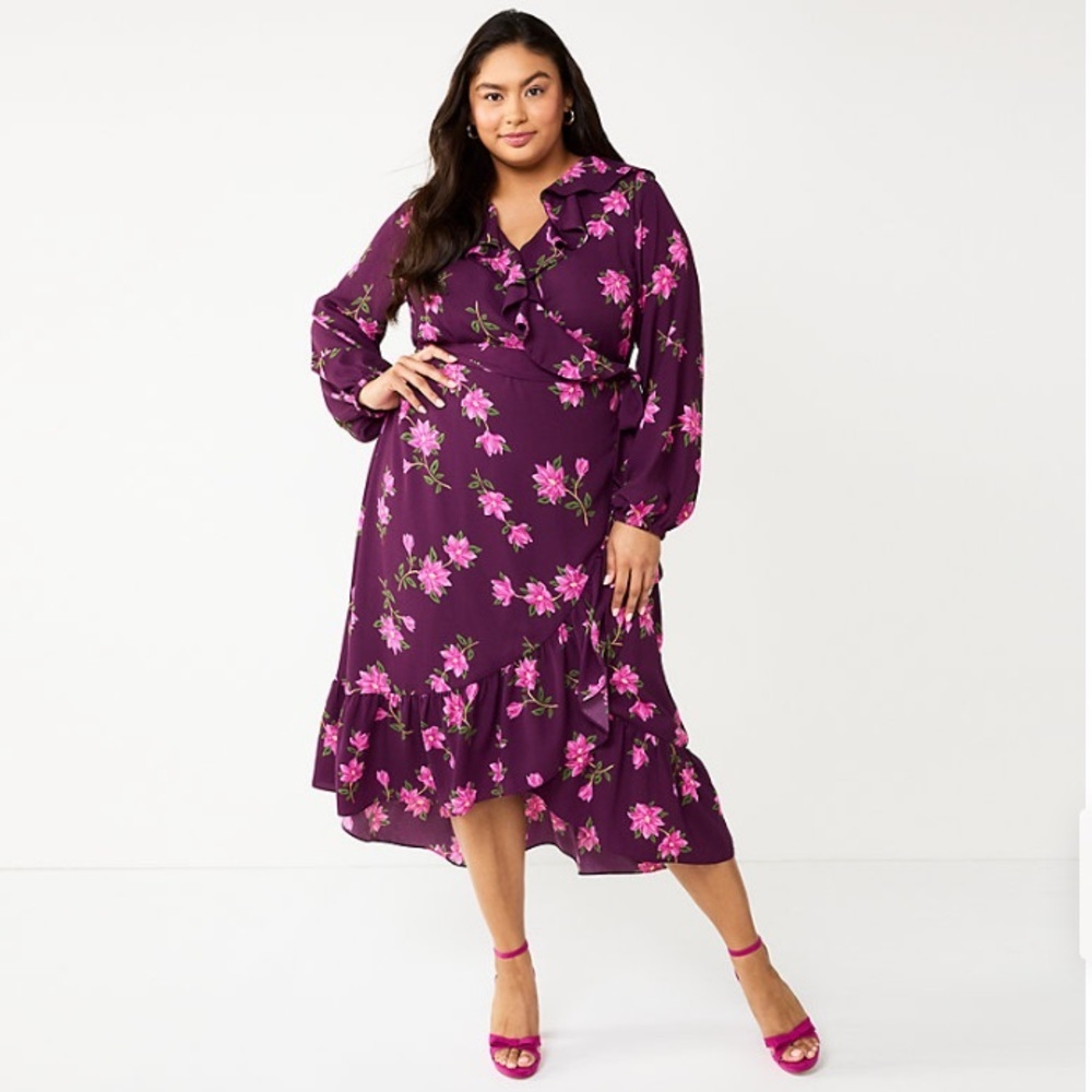 Draper James RSVP Womens Long Sleeve Ruffle Plum Floral Midi Dress Size 1X